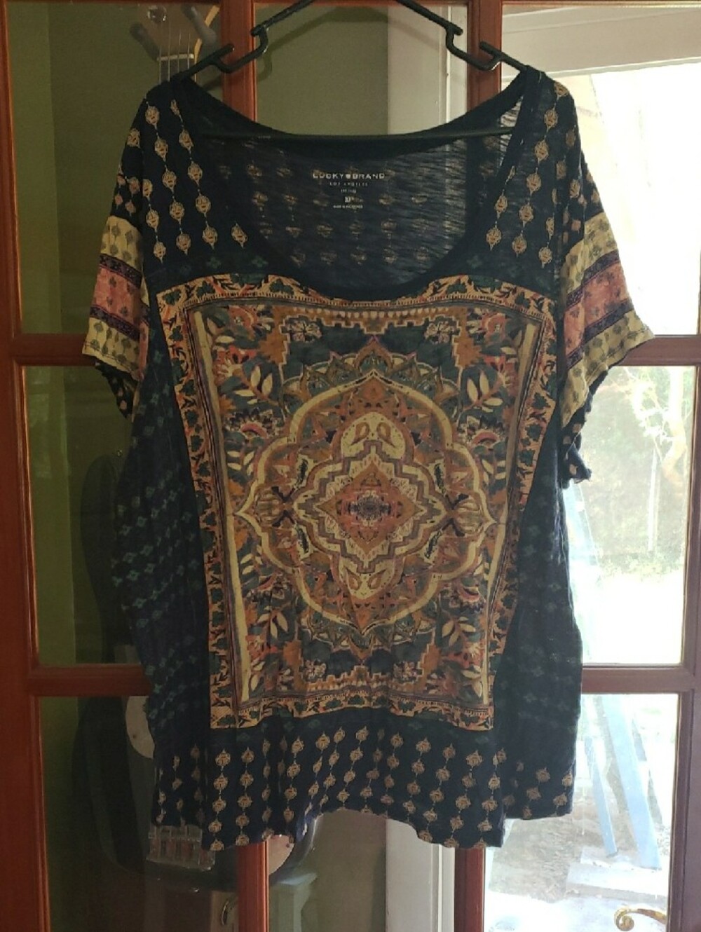 Lucky Brand Navy Multicolor Medallion Scoop Neck Tee
